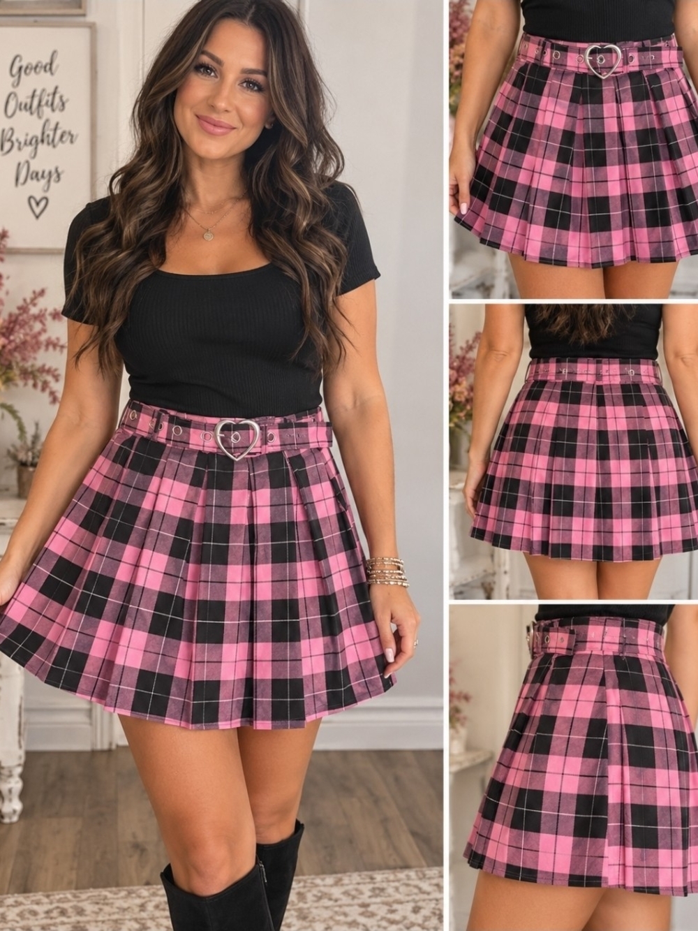 Hot Topic Pink & Black Plaid Pleated Skater Skirt with Heart Buckle
